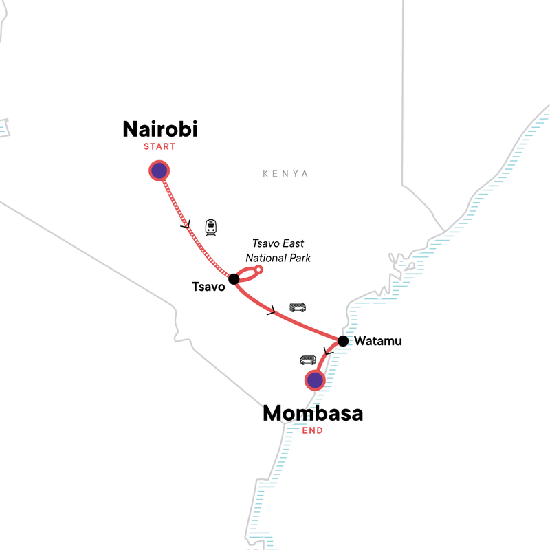 Map of the route for Wildlife & Coastal Wonders of Kenya: Tsavo to Watamu