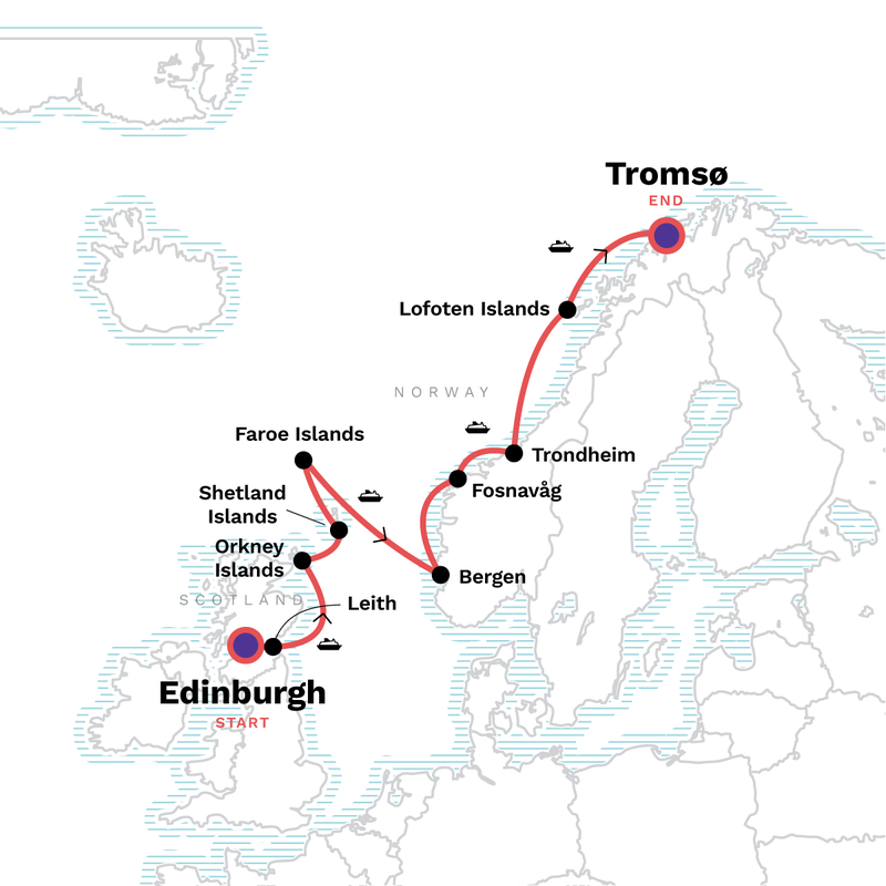 Map of the route for In the Wake of the Vikings: Orkney, Shetland & the Faroe Islands