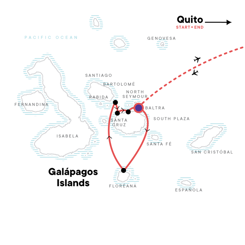 Map of the route for Galápagos Land & Sea — Central & South Islands aboard the Yolita