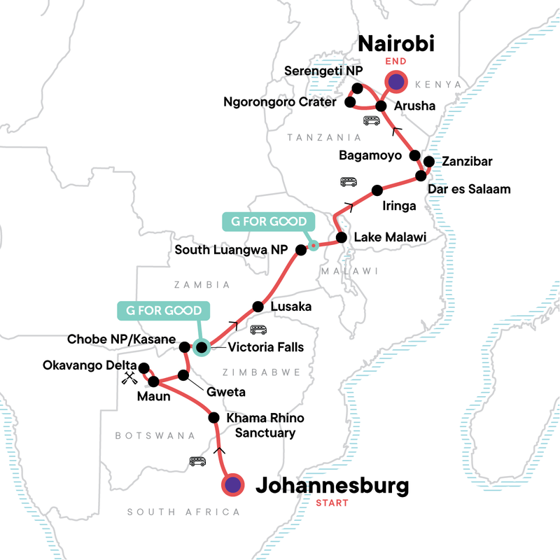 Map of the route for Johannesburg to East Africa Overland Safari & Participation Camping