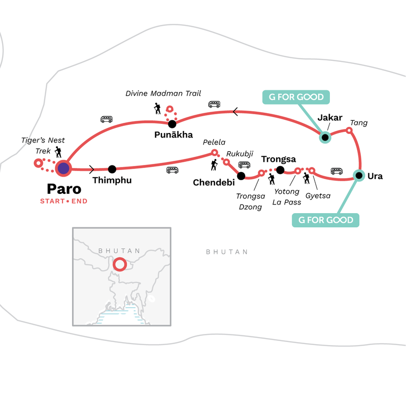 Map of the route for Highlights of the Trans Bhutan Trail