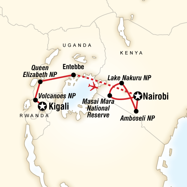 Map of the route for East Africa Gorilla & Safari Experience