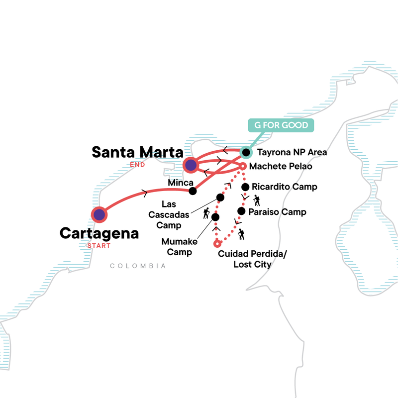 Map of the route for Colombia's Caribbean Coast & Lost City
