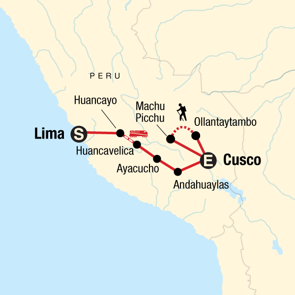 Map of the route for Back Roads & Highlands of Peru