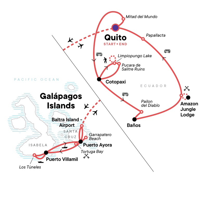 Map of the route for Ecuador: Volcanoes, the Amazon & the Galápagos Islands