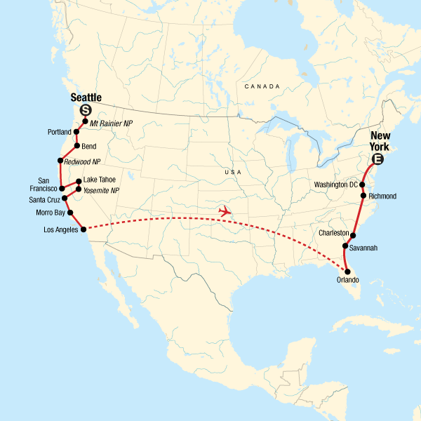 Map of the route for USA Road Trip: Coast to Coast Highlights