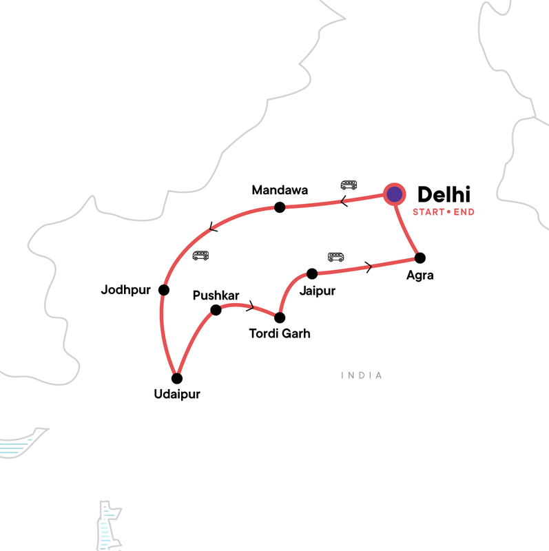 Map of the route for Rajasthan: Laneways & Local Villages - Plus