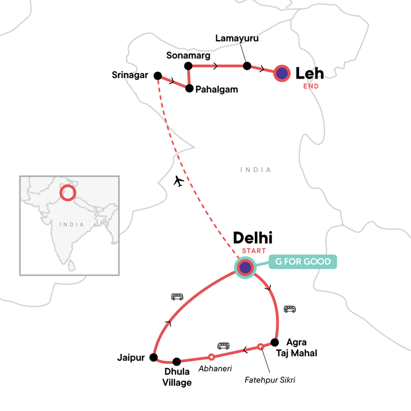 Map of the route for Golden Triangle & Kashmir Horizons