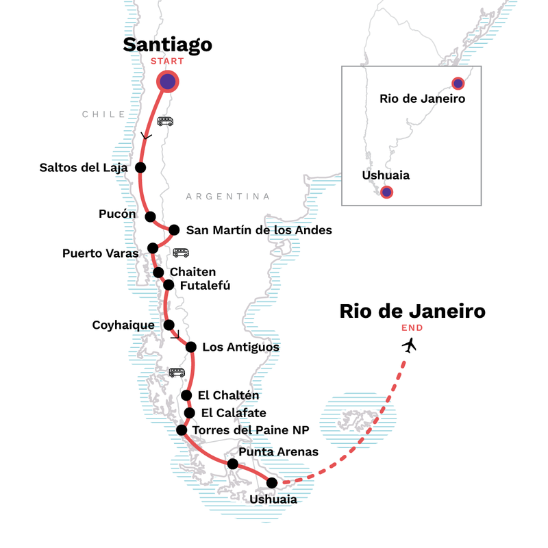 Map of the route for Lando South America: Patagonia to Rio's Carnival