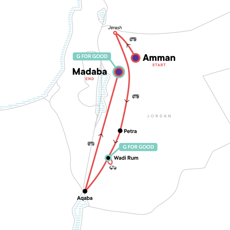 Map of the route for Jordan: Ancient Cities, Iconic Petra & Red Sea Swimming