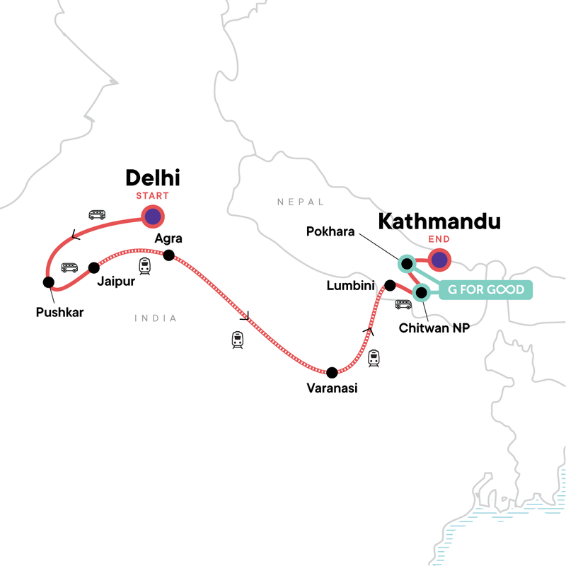 Map of the route for Delhi to Kathmandu: River Walks & Epic Wildlife