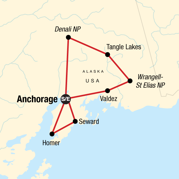 Map of the route for Alaska Camping: Glaciers & Mountains