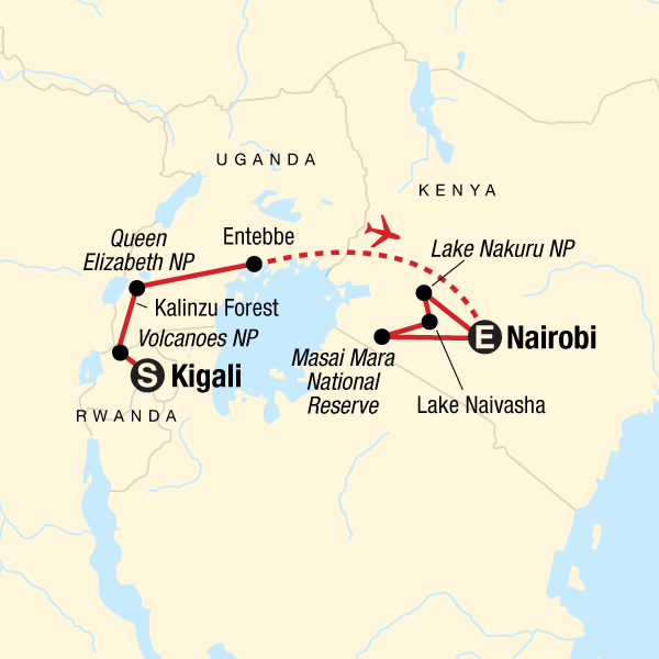 Map of the route for East Africa Gorilla & Safari Experience