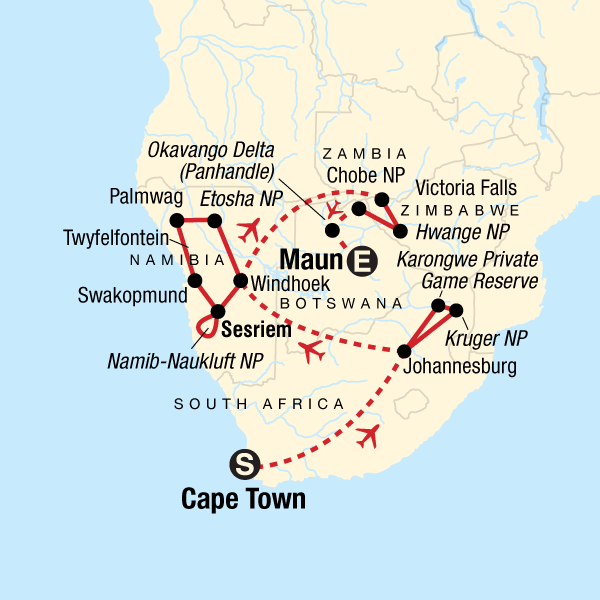 Map of the route for Ultimate Southern Africa Journey