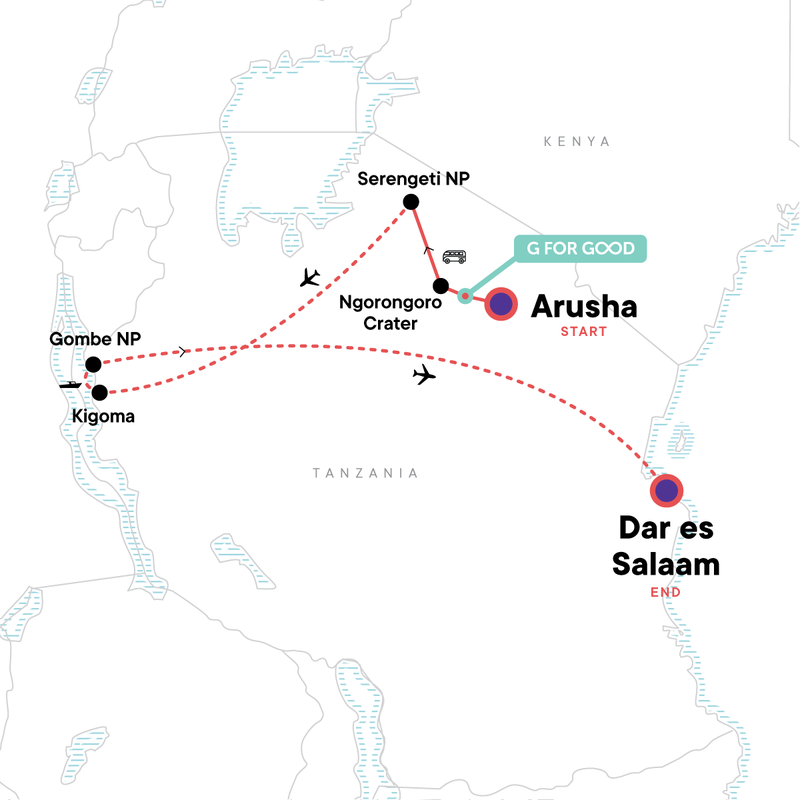 Map of the route for Tanzania: Chimp Trekking & Serengeti Safari