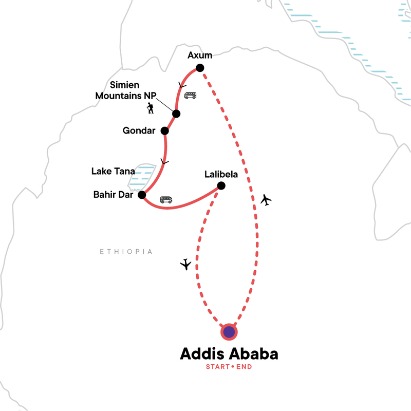 Map of the route for Discover Ethiopia