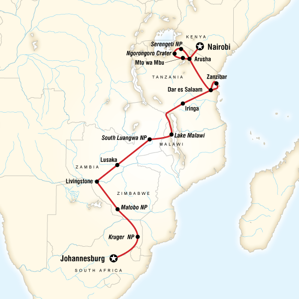 Map of the route for Nairobi to Joburg Overland: Craters & Camping