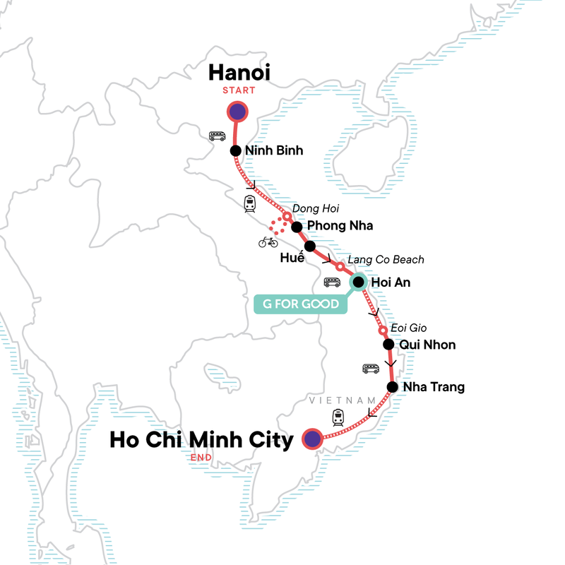 Map of the route for Epic Vietnam: Hanoi, Ho Chi Minh City & Handmade Noodles
