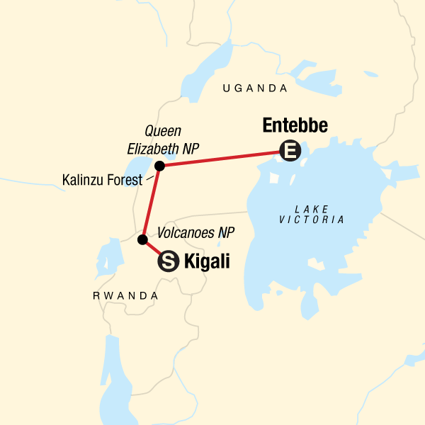 Map of the route for Rwanda & Uganda Gorilla Discovery