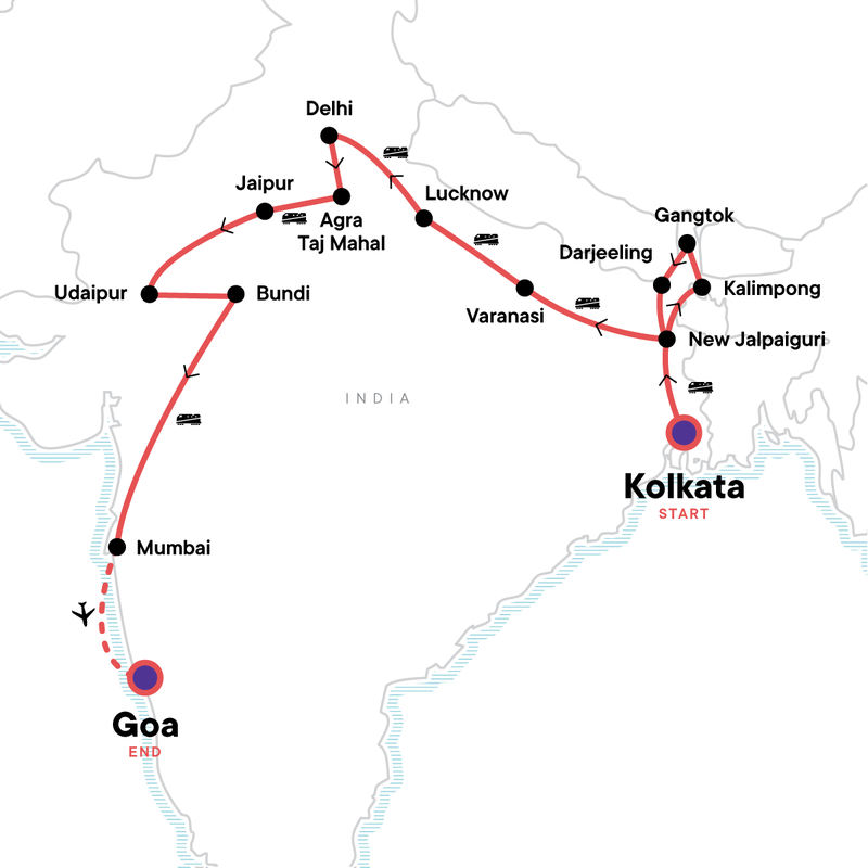 Map of the route for Kolkata to Goa by Rail