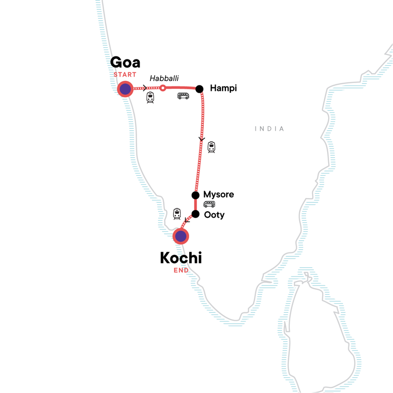 Map of the route for India: Ancient Ruins & Kerala Beaches