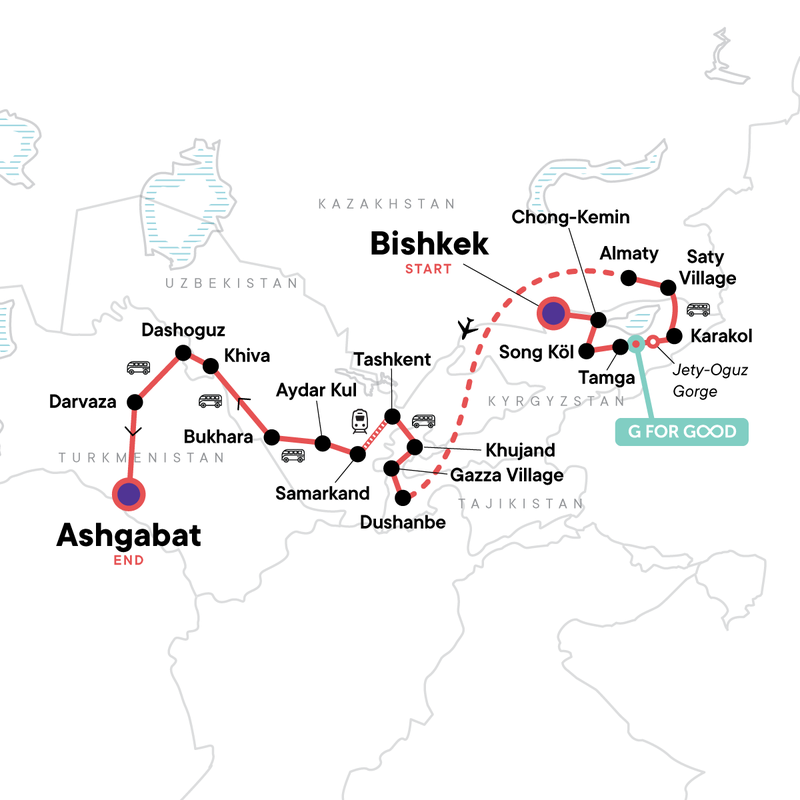 Map of the route for The Five Stans of the Silk Road