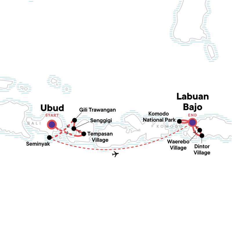 Map of the route for Bali to Flores: Trails, Tribal Villages & Dragon Lagoons