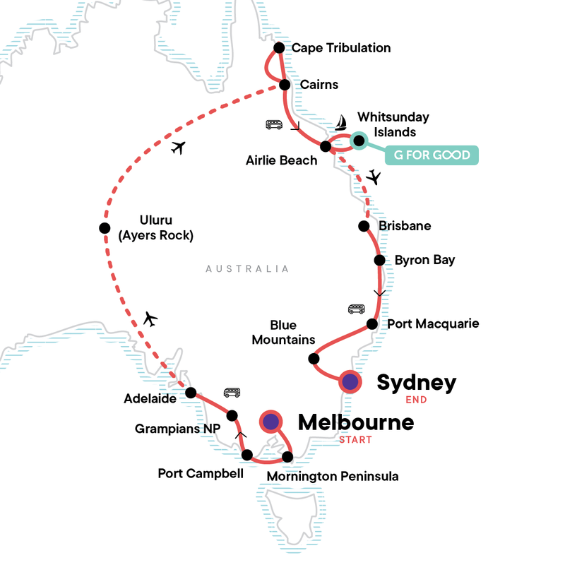 Map of the route for Best of the Red Centre & Eastern Australia