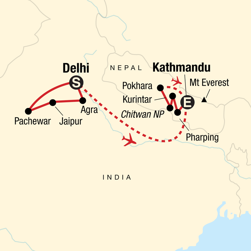 Map of the route for Explore India & Nepal