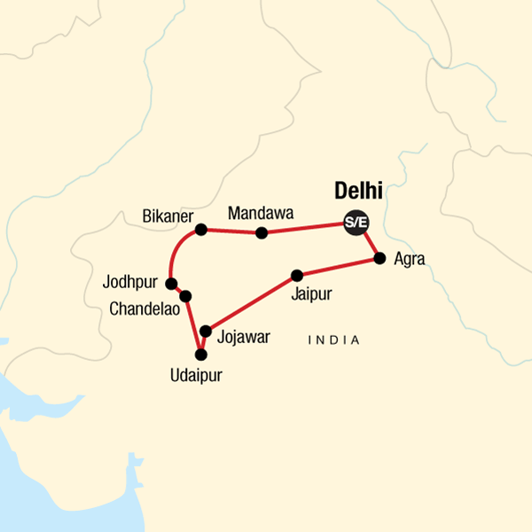 Map of the route for Mysteries of India