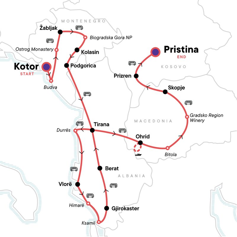 Map of the route for Balkans Discovery:  Montenegro to Kosovo