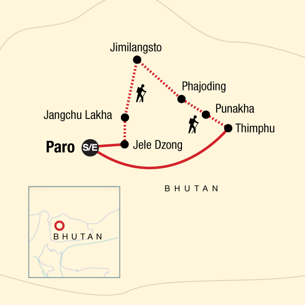 Map of the route for Bhutan Trekking - The Druk Path