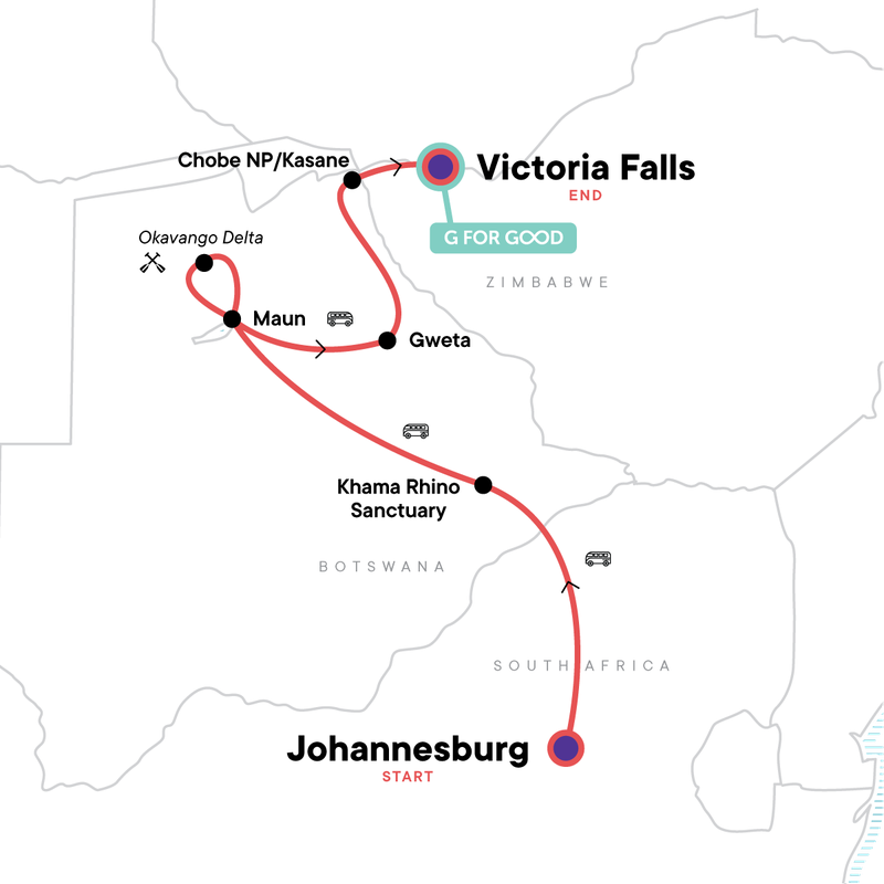 Map of the route for Johannesburg to Victoria Falls Overland Safari & Participation Camping