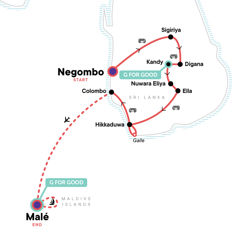 Map of the route for Sri Lanka with Maldives Cruise: Spice Gardens & Seasides