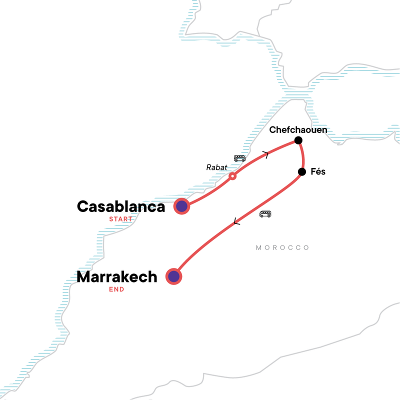 Map of the route for Northern Morocco: Blue Cities & Bustling Marrakech