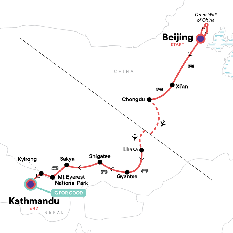 Map of the route for Best of China & Tibet