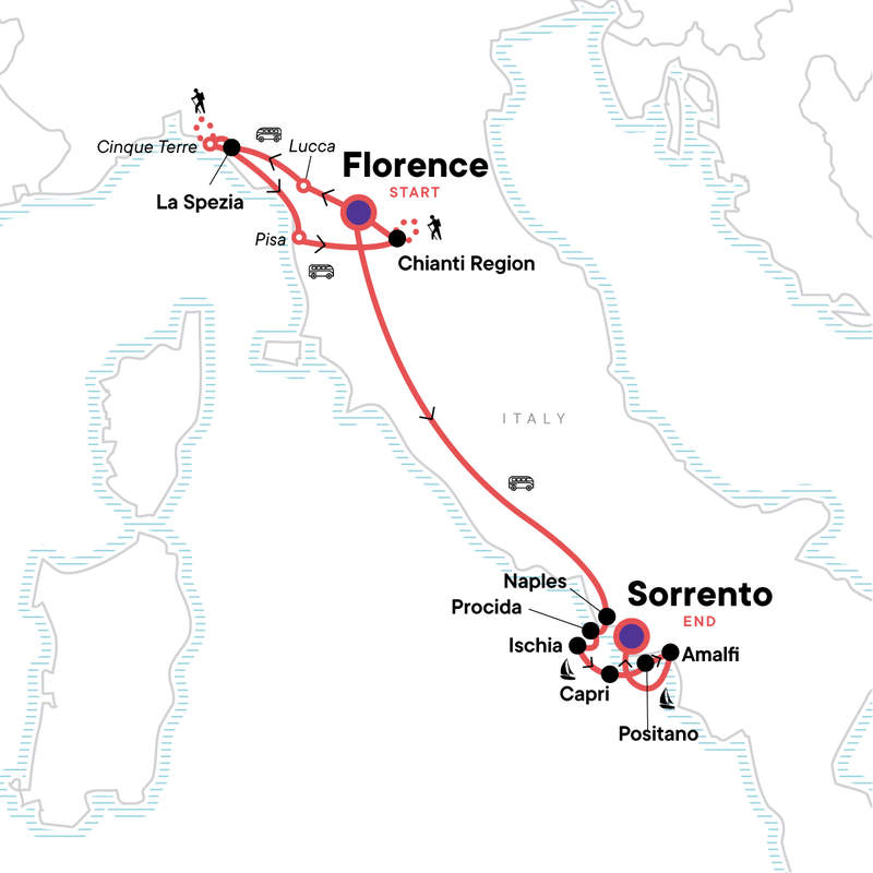 Map of the route for Tuscany to the Amalfi Coast: Italy by Land & Sea