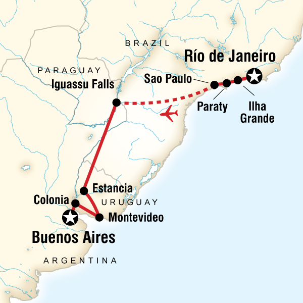 Map of the route for Rio de Janeiro to Buenos Aires: Waterfalls & White Sands
