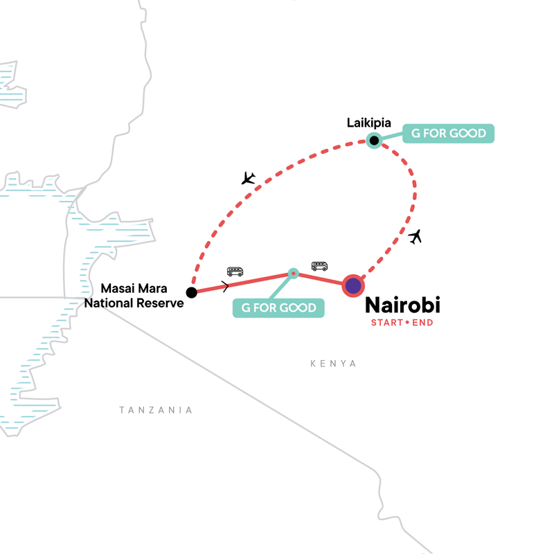 Map of the route for Kenya: Cultural Connections, Maasai Mara & East Africa Safari