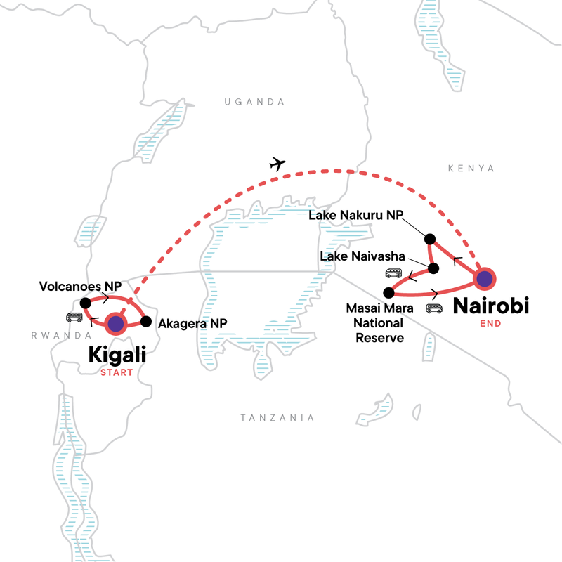 Map of the route for Upgraded Rwanda & Kenya
