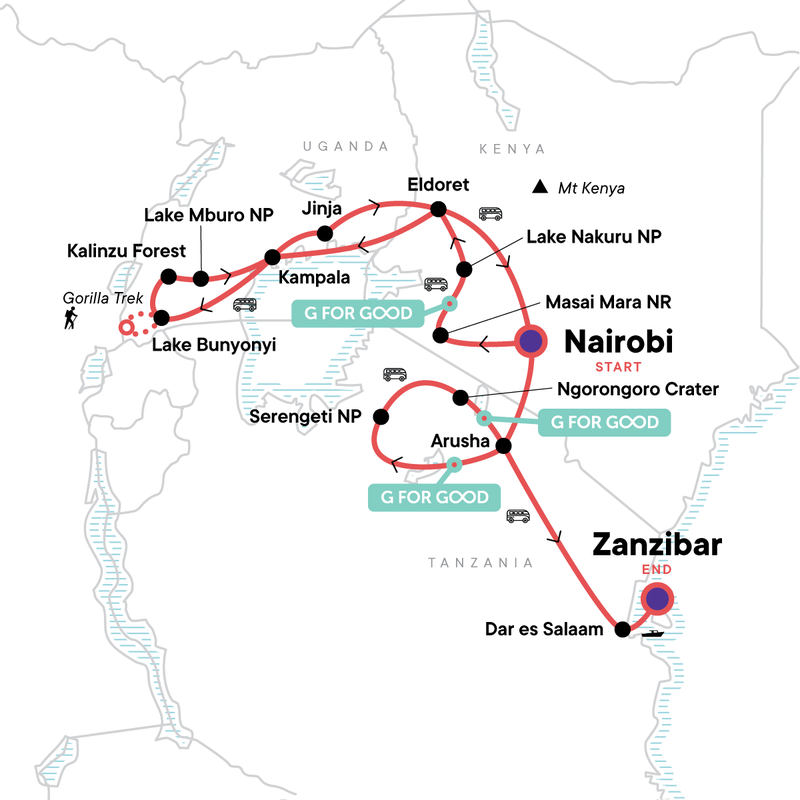 Map of the route for East Africa & Zanzibar Overland Safari & Participation Camping