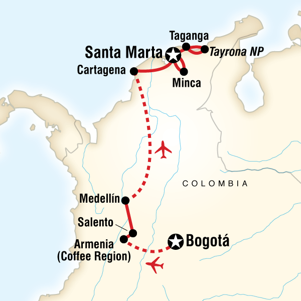 Map of the route for Classic Colombia