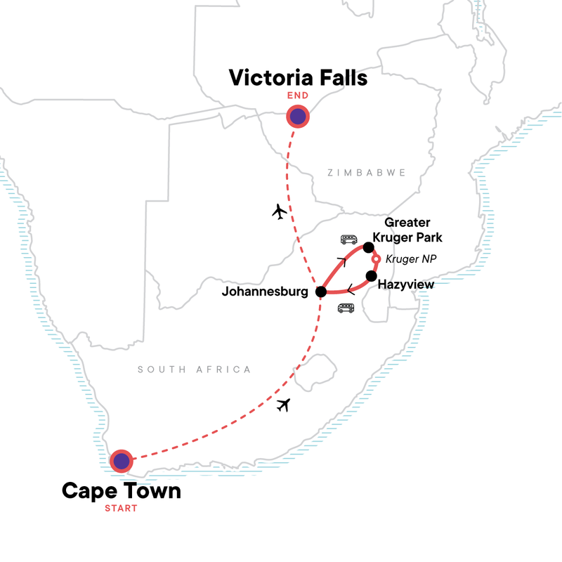 Map of the route for Cape Town, Kruger, & Victoria Falls Wildlife Safari