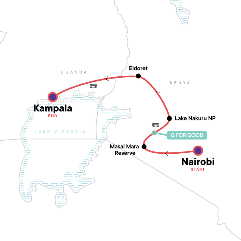 Map of the route for Nairobi to Kampala Overland Safari & Participation Camping