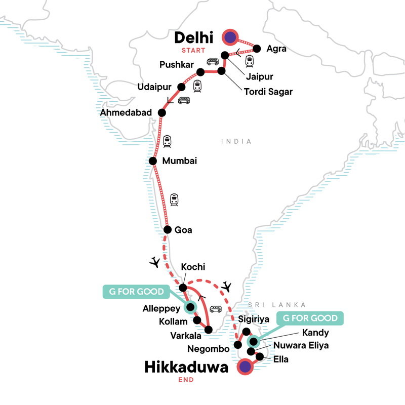 Map of the route for India to Sri Lanka: The Pink City & Spice Gardens