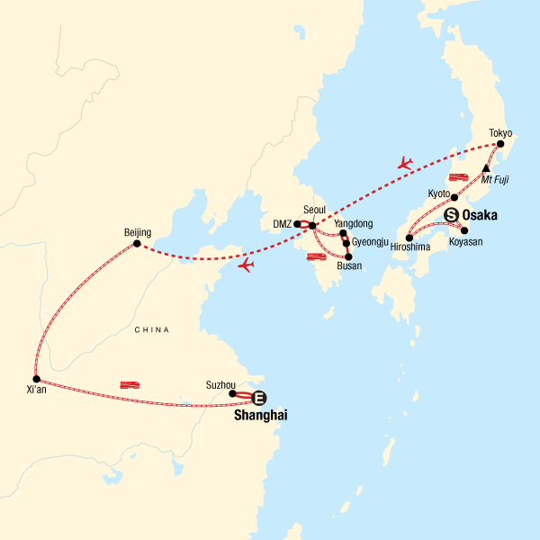 Map of the route for Highlights of East Asia: Japan, South Korea, and China