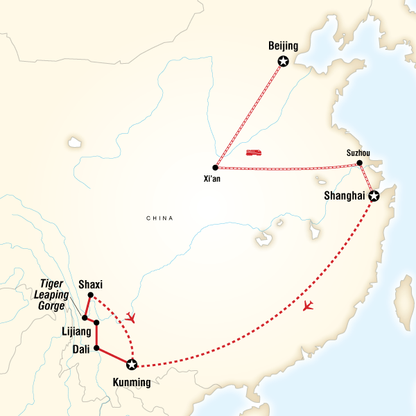 Map of the route for Classic China & Yunnan Express