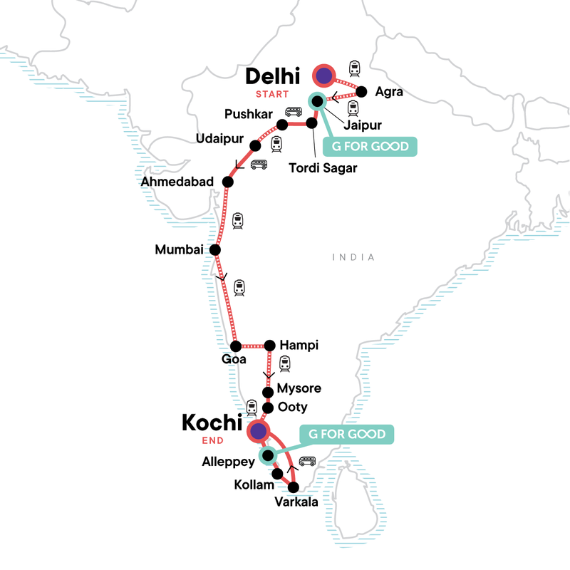 Map of the route for India North to South: Goa & The Golden Triangle