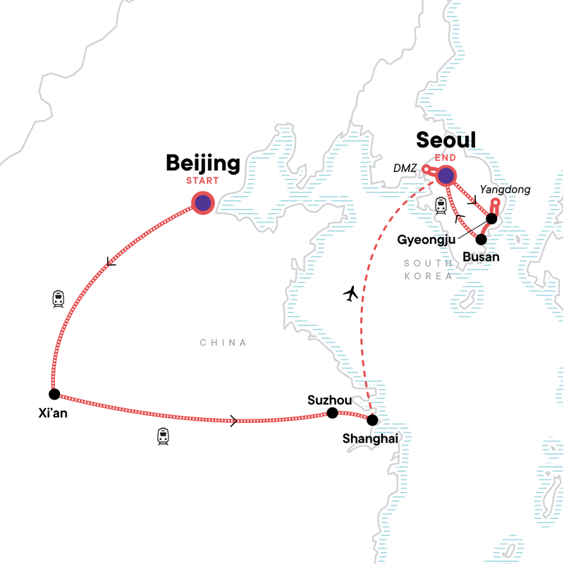 Map of the route for China and South Korea: East Asia Adventure