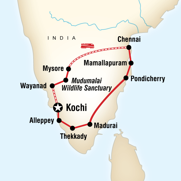 Map of the route for Best of Southern India